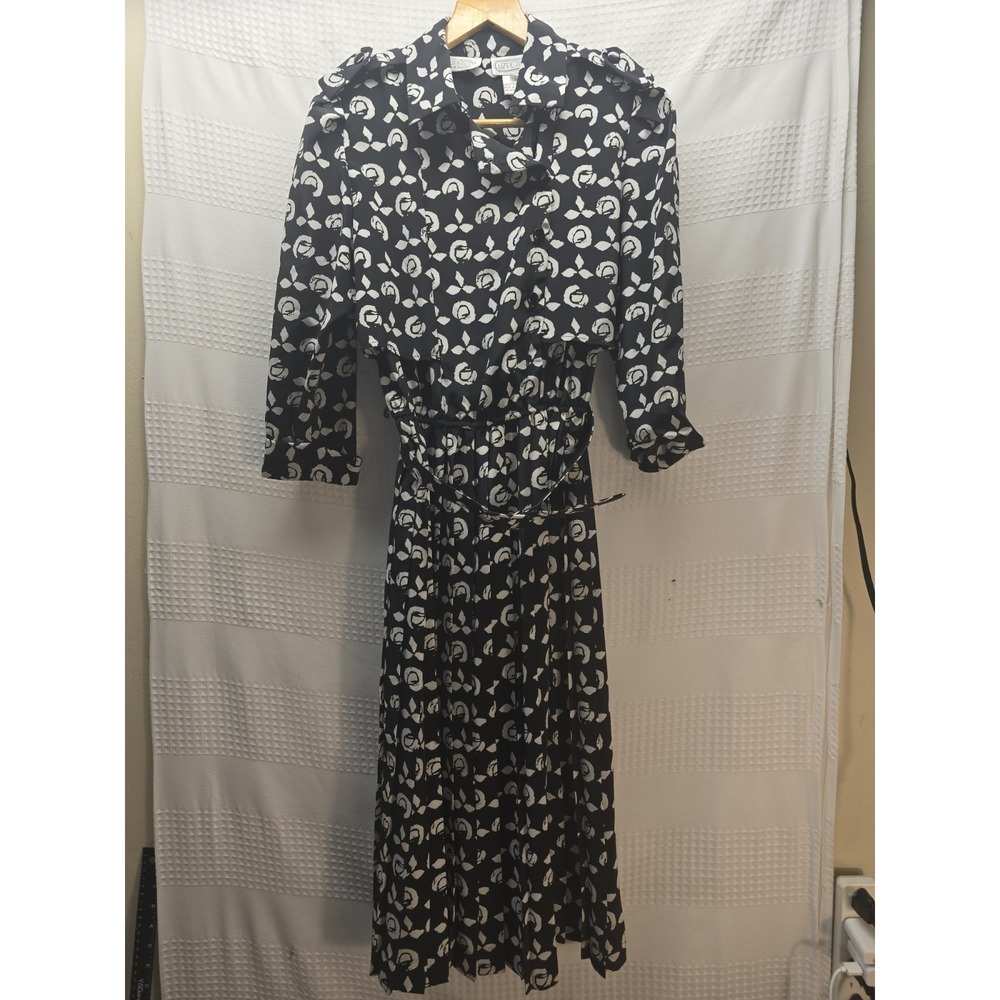 Liz Petites Black/ White Geometric Vintage Liz Midi Dress Size 8 Shoulder Pads
